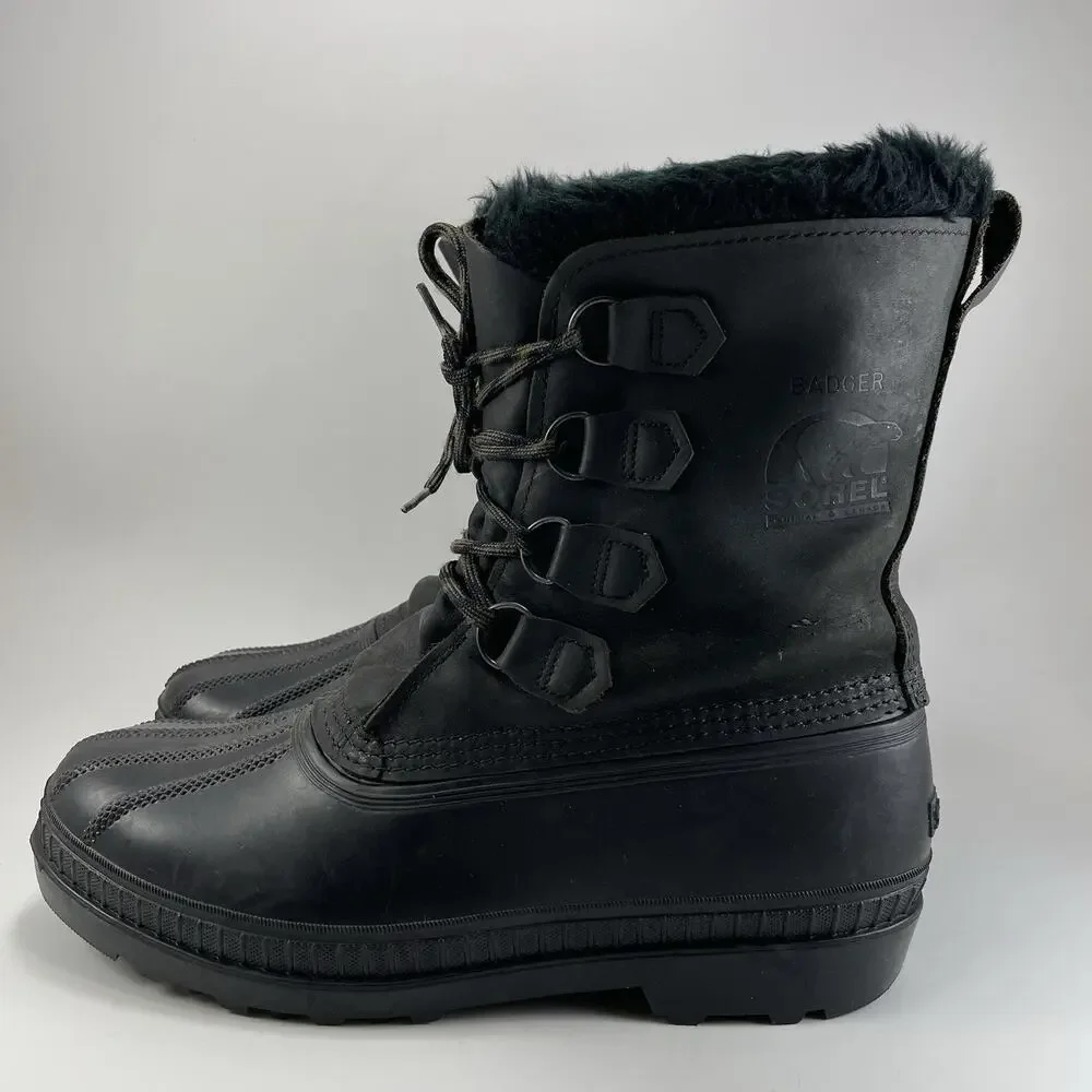 Sorel Caribou Winter Boots Mens Size 10 Waterproof Black Leather Lined Lace Up